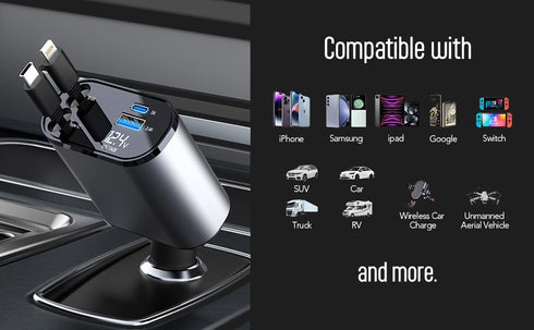 Retractable Phone Charger - Fast Car Charger USB C, 4 in 1 Retractable Car Charger for Apple and Android USB C - Car