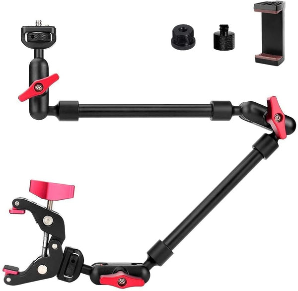 Super Camera Clamp Mount with Adjustable Magic Arm 22in, Articulating Arm with Dual Ball Head Adapter 1/4" Thread for