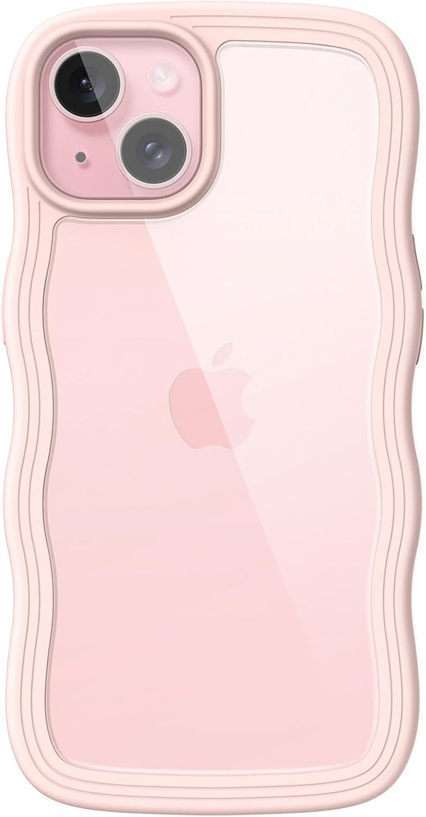 JETech iPhone 15 Case 6.1-Inch, Pink Wave Frame Shockproof Cover for Women & Girls, Clear Hard PC Back.