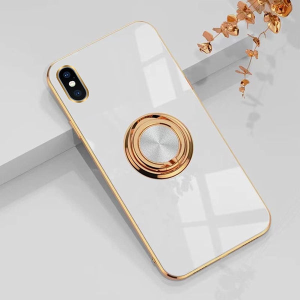 Omorro iPhone Xs Max Case for Women - Ring Holder, 360 TPU Rotation Kickstand, Glitter Plating Rose Gold Edge