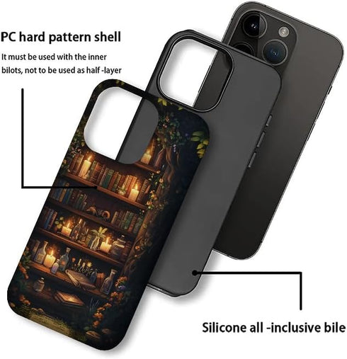 OTTRZMTER 15,Hybrid 2-Layer 15 Case for iPhone Hard Shell Forest Floral Flower Bookshelf Phone Case for Girl Women Boy