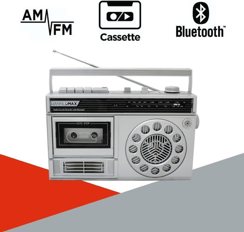 HANNLOMAX HX-601K Portable AM/FM Radio Cassette Recorder with Bluetooth, Records from Built-in Mic or Radio, AC/DC