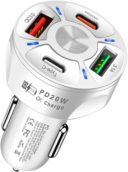 4 Port USB C Car Charger Adapter with LED Light, Quick Charge Type C/PD 20W/QC 3.0 for iPhone 14 13 12 S22 S21 (White)