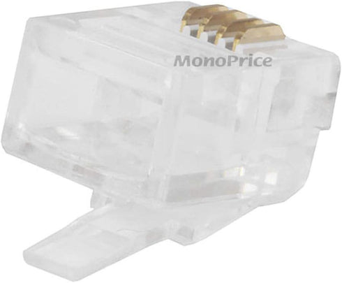Monoprice 6P4C RJ11 Modular Plugs for Round Solid Cable - Crimp On, 1U, 3 Prongs, 4 Conductor, Clear, 50-Pack by Monoprice