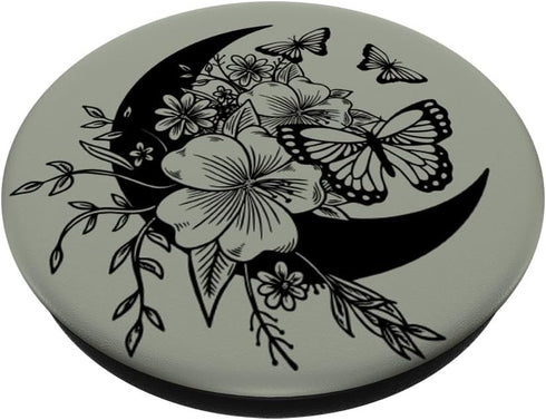 Sage Grey Black Butterfly Crescent Moon Flower PopSockets Swappable PopGrip