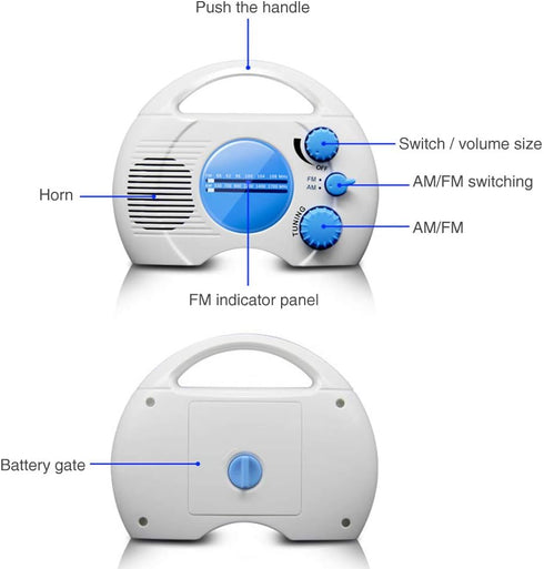 Shower Radio, Portable AM/FM Shower Radio, Waterproof Hanging Shower Radio Built-in Speaker Adjustable Volume Battery Operated Shower Radios for Bathroom Kitchen, Outdoor(Blue+White)