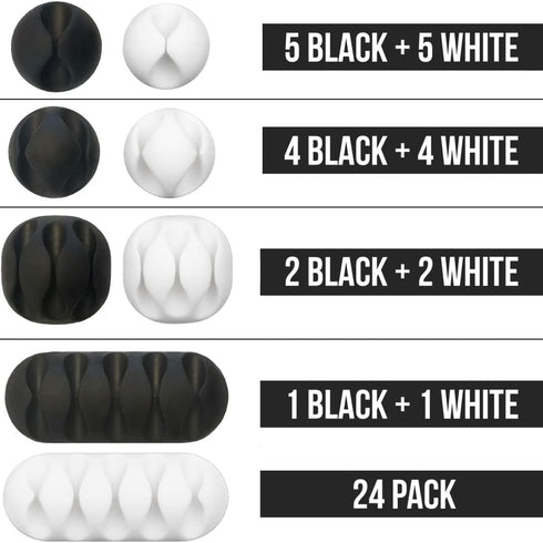 JTek 24 Pack, Cord Organizer, Adhesive Cable Holder, Black and White | Cable Organizer, Cord Holder, Desk Organizers