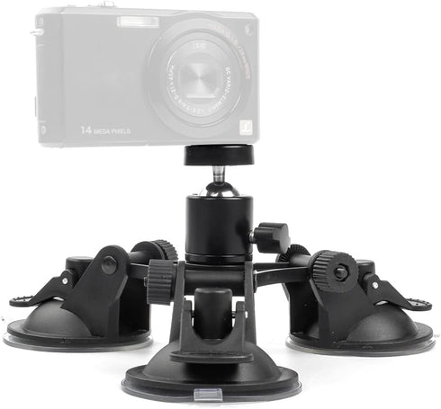 Triple Suction Cup Car Mount with 360 Degree Tripod Ball Head - Camera Suction Mount with 1/4 Threaded Head