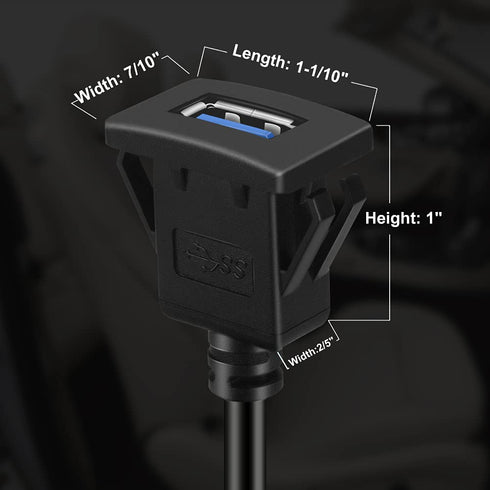 BATIGE Square USB 3.0 Panel Flush Mount Extension Cable with Buckle for Car, Truck, Boat, Motorcycle Dashboard 1ft