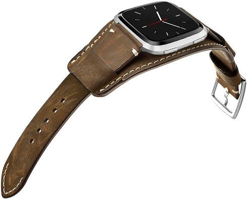Compatible with Fitbit Versa 2 Bands, Genuine Leather Cuff Bracelet Replacement Strap for Men Women (Coffee)