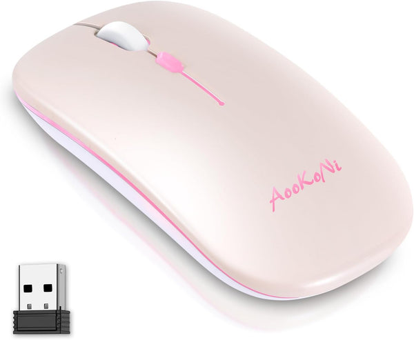 Wireless Bluetooth Mouse - Rechargeable USB Optical Mouse, LED Slim Dual Mode for Laptop, PC, Mac OS, Android (Pink)