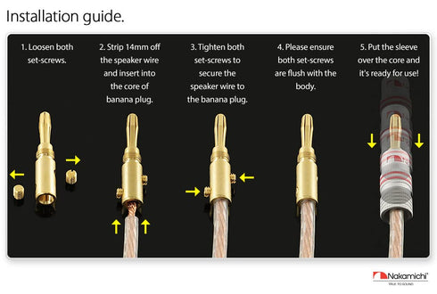 Nakamichi Excel Series 24k Gold Plated Banana Plug 12 AWG - 18 AWG Gauge Size 4mm for Speakers, Amplifier, Hi-Fi AV