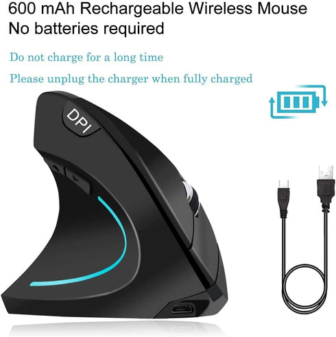 Left Handed Mouse, 2.4G Wireless Rechargeable Ergonomic Vertical Mouse with USB Dongle, Silent Click, 3 Adjusted DPI, 6