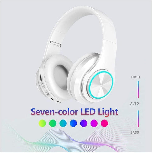 Over Ear Kids Bluetooth Headphones, Colorful LED Lights, Wired & Wireless Lightweight HiFi Stereo Headset (White)