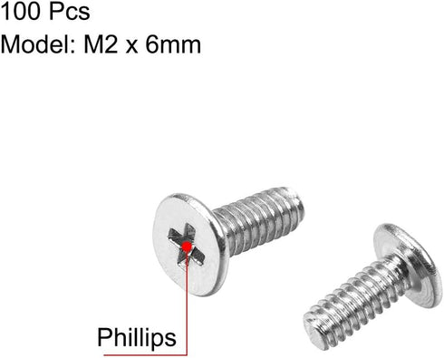 uxcell M2x6mm Phillips Screw Fastener Silver Tone, 3.8mm Dia Screw Head for Laptop PC TV Fan Switch, 100pcs