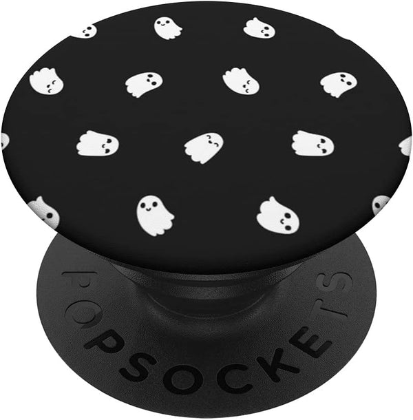 White Cute Ghost Pattern with Black Background Halloween PopSockets Swappable PopGrip