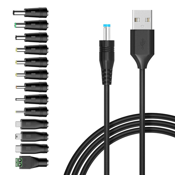 Belker Universal 5V DC 5.5 2.1mm Jack Charging Cable, USB to DC Power Cable with 14 Interchangeable Plugs, Max 3A