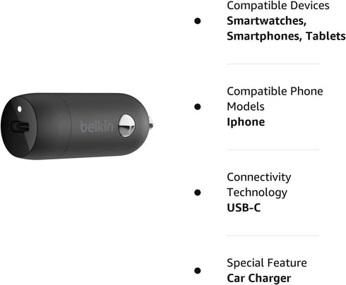 Belkin 20 Watt USB C Car Charger, Fast Charging for Apple iPhone 14, 13, iPad Pro, Samsung Galaxy S22 Ultra