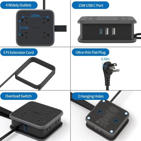 NTONPOWER Flat Plug Power Strip - 5 ft Extension Cord with 8 Outlets, 3 USB, Overload Protection