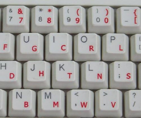 4Keyboard Dvorak Simplified Keyboard Stickers with RED Lettering ON Transparent Background