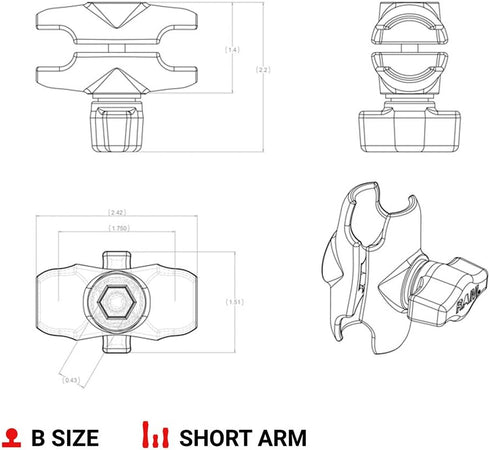 RAM Mounts RAP-B-201U-A Composite Double Socket Arm - Short Arm for B Size 1" Ball Components