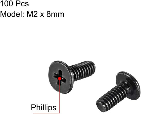 uxcell M2x8mm Phillips Screw Fastener Black, 3.8mm Dia Screw Head for Laptop PC TV Fan Switch, 100pcs