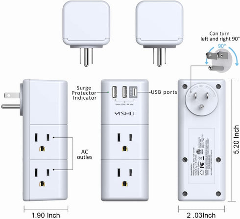 USB Multi Plug Outlet Extender, YISHU Surge Protector with Rotating Plug, 6 AC Plug Extender with 3 USB