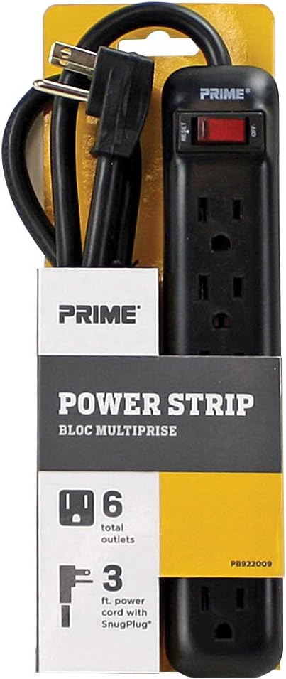 Prime Wire & Cable 6-Outlet Power Strip, Right Angle Plug, 14-3 SJT 3-Feet Cord, Black, Model PB922009