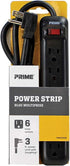 Prime Wire & Cable 6-Outlet Power Strip, Right Angle Plug, 14-3 SJT 3-Feet Cord, Black, Model PB922009