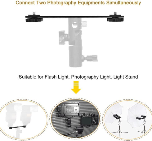 Dual Flash Bracket 8in/20.3cm Camera Mount Tripod with 1/4 Screw Hot Shoe for LED Light Microphone Photography