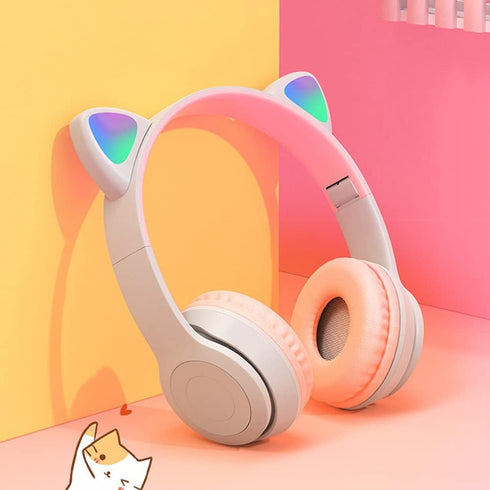 Kids Cat Ear Headphones, LED Light Up Bluetooth 5.0 Foldable Gaming Headset, Noise Cancelling Over Ear, Purple