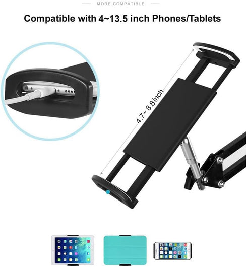 Heavy Duty Steel Phone/Tablet Floor Stand, Adjustable Mobile Cell Mount with 360 Degree Rotation, 4.6 Feet Long Arm