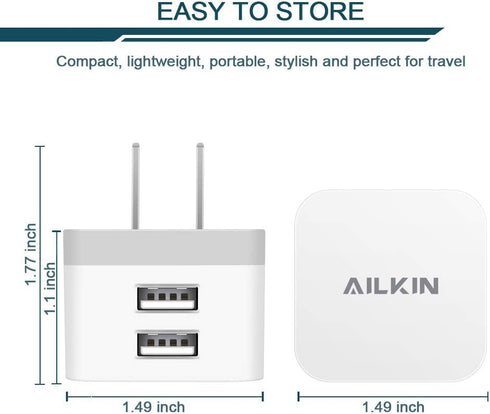 AILKIN 2Pack USB Wall Charger Plug, 2.4A Dual Port Fast Charging Station for iPhone 15 14 13 12 Pro Max