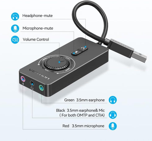 VENTION USB Sound Card, External Stereo Sound Card with Volume Control, USB to 3.5mm Jack Audio Adapter for Windows, Mac, PC, Laptop, Desktop, Headset, Switch and More