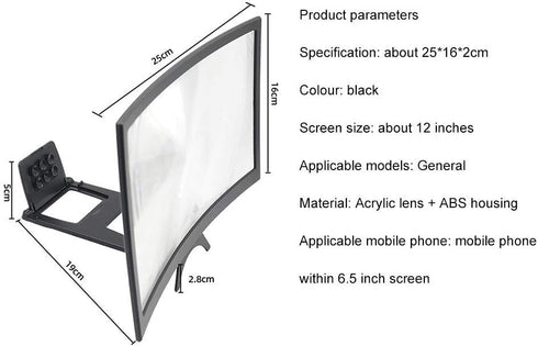 12 Inch 3D Curved HD Phone Screen Amplifier, Foldable Phone Holder for All Smartphones