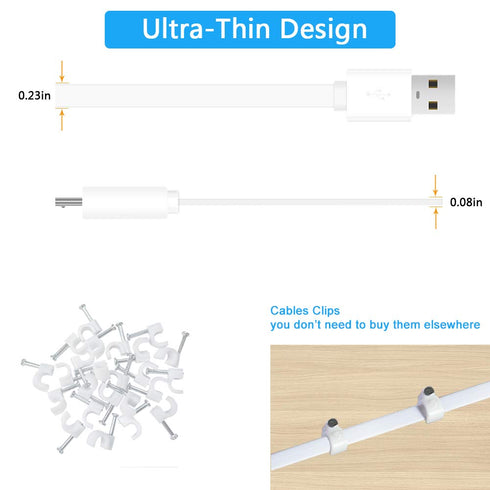 3PCS 10FT Flat Micro USB Power Extension Cable for Wyze Cam, Yi Cam, Oculus Go, Kasa, Nest Cam, Indoor Security