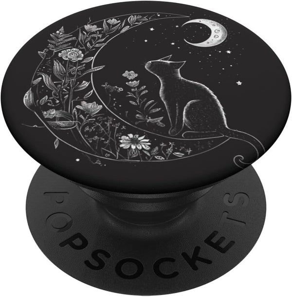 Cat Sitting on Crescent Moon Flowers Stars Drawing PopSockets Standard PopGrip