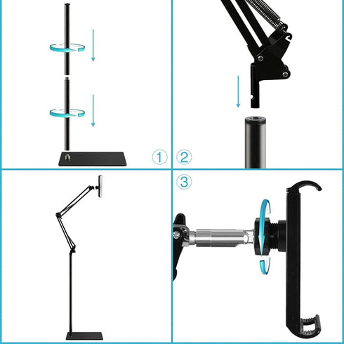 Heavy Duty Steel Phone/Tablet Floor Stand, Adjustable Mobile Cell Mount with 360 Degree Rotation, 4.6 Feet Long Arm