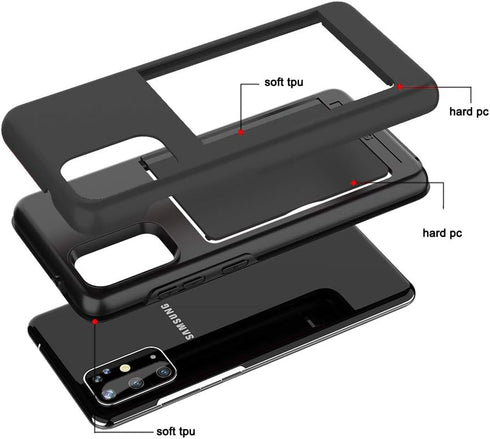 Samsung Galaxy A51 5G Phone Case with Tempered Glass Screen Protector, Credit Card Holder, Rugged Black Cover