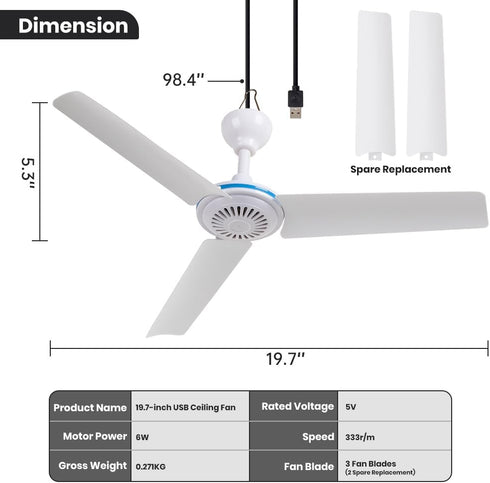 Small USB Ceiling Fan 19.7” Portable Hanging Fans for Power Bank, Indoor Outdoor RV, Mini Silent Fan