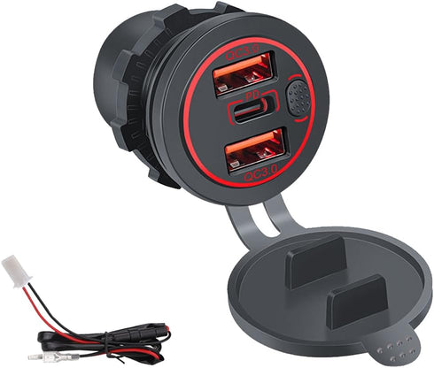 3 Ports 18W USB Car Charger with Switch, 12-24V Dual QC 3.0 USB & PD USB C Quick Charge Charger for Car, Motorcycle,