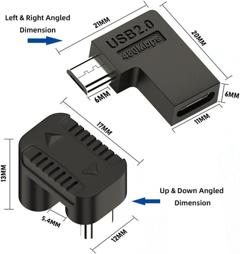 xiwai 90/360 Degree Angled USB-C to Micro USB Adapter 4 Pack, USB2.0 Type C Female to Micro USB Male Power Data Adapter(Right & Left &Up & Down) for Phone Tablet
