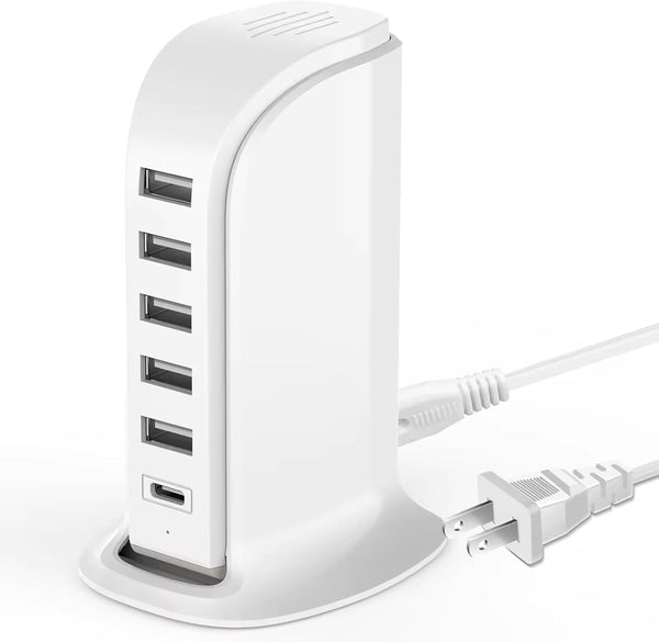 USB Charging Station for Multiple Devices, 5 USB Ports + 1 Type C Multiport Charger Tower - White, 506AL-W