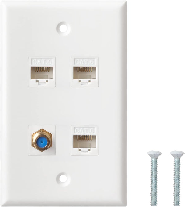 Ethernet Coax Wall Plate, 3 Port Cat6 Keystone Female to Female, 1 Port F Type Connector Coax Wall Plate - White