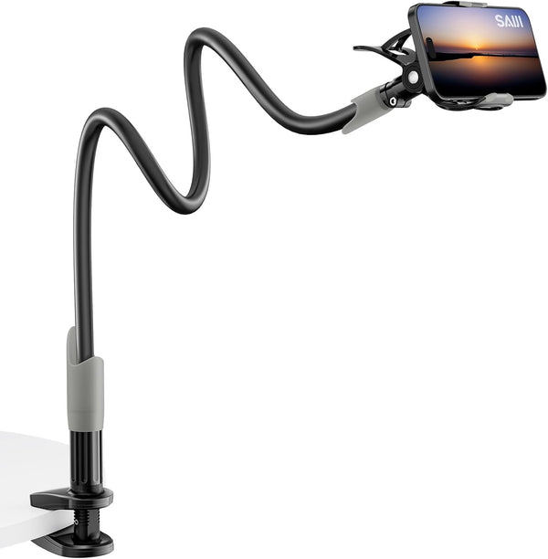 SAIJI Gooseneck Bed Phone Holder, Flexible Long Arm Phone Mount for Desk, Clip Bracket Clamp Stand for 4.0-6.5'' Mobile