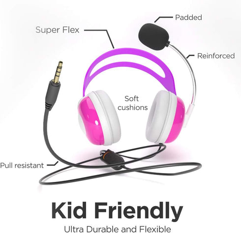 Thore Kids Headphones with Microphone (Over Ear) Headset with Boom Mic + Volume Control for Girls, Online School (Pink)