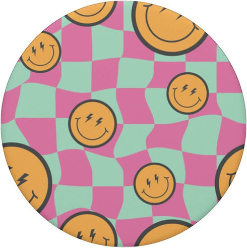 Retro Pink Yellow Twisted Swirl Happy Smiling Face Checkered PopSockets Swappable PopGrip