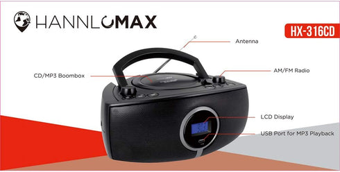 HANNLOMAX HX-316CD CD/MP3 Boombox with Bluetooth, AM/FM Radio, USB Port, LCD Display, Aux-in, AC/DC Power Source (Black)