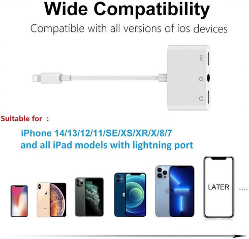 3 in 1 Lightning to Headphone Adapter for iPhone 13/12/11/SE/XS/XR/X/8/7 & iPad - 3.5mm Jack & Charging Splitter