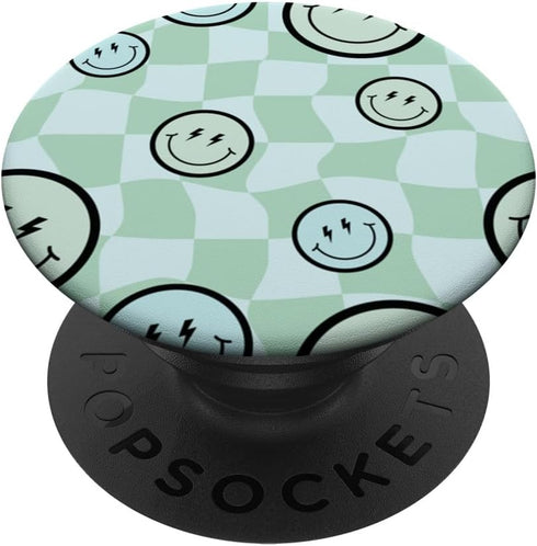 PopSockets Standard PopGrip, Green Mint Retro Twisted Swirl Happy Smiling Face Checkered